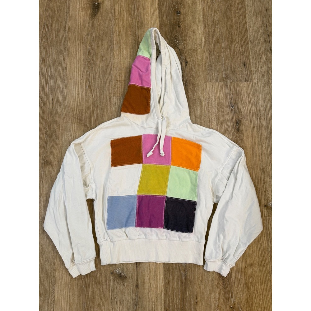 Daily Practice Anthropologie Boho Patchwork Hoodie Women XS Ivory Multi Quilted